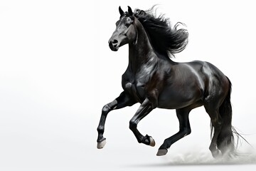 A majestic black horse galloping across a white background, showcasing elegance and power.