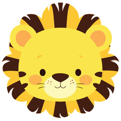 A cute cartoon lion head with simple flat illustration style for vector graphic logo design isolated on a white background