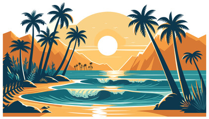 Obraz premium Tropical beach at sunset retro illustration, orange and teal, perfect for wall art or poster