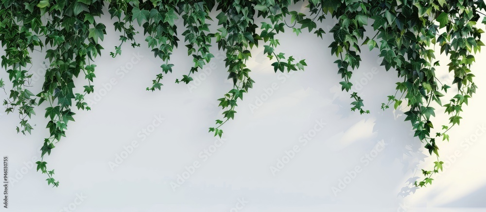 Sticker The green ivy against a white wall forms a lovely backdrop. Copy space image. Place for adding text and design