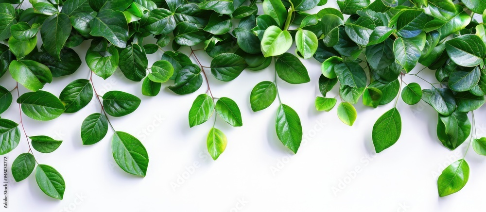 Canvas Prints summer theme vibrant greenery branch with green leaves on white top view space for text. copy space 