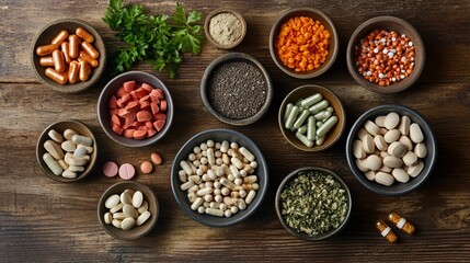 Nutritional Supplements and Pills in Bowls with Food for Wellness and Health Concept