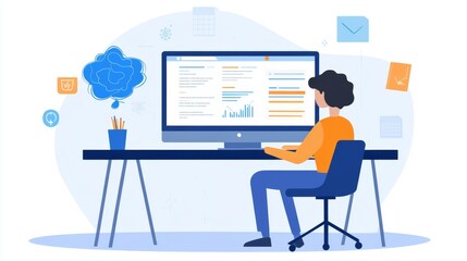 Businessman Working on Desktop Computer with Graphs and Charts