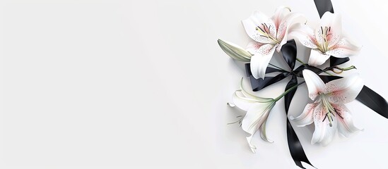 Obraz premium Arrangement featuring beautiful lily flowers and a black funeral ribbon against a white background. Copy space image. Place for adding text and design