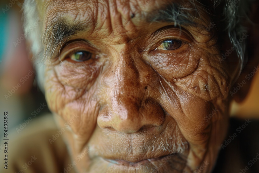 Poster an elderly man from diverse ethnic backgrounds displays a profound sense of wisdom and tranquility, 