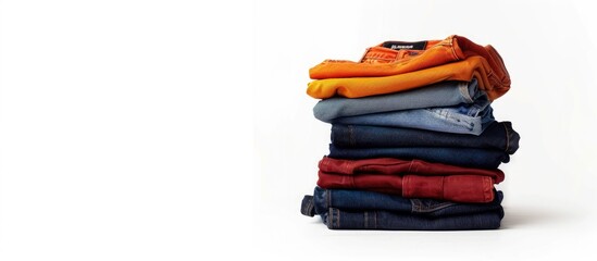 Stack of women s pants on a white background Suitable for displaying clothing items Copy space close up top view Clothing sale shopping fashion style concept