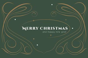 Rich green Christmas design with gold lines, warm and inviting festive message with modern flair. Vector illustration. Winter holiday concept. Postcard, invitation, greetings template. Art deco style.