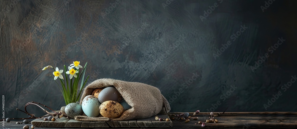 Wall mural Easter eggs in a jute bag alongside narcissus and catkin on a wooden board. Copy space image. Place for adding text and design