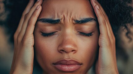 Obraz premium A young adult expresses feelings of stress and anxiety with hands on head and closed eyes, showcasing a moment of introspection. Generative AI