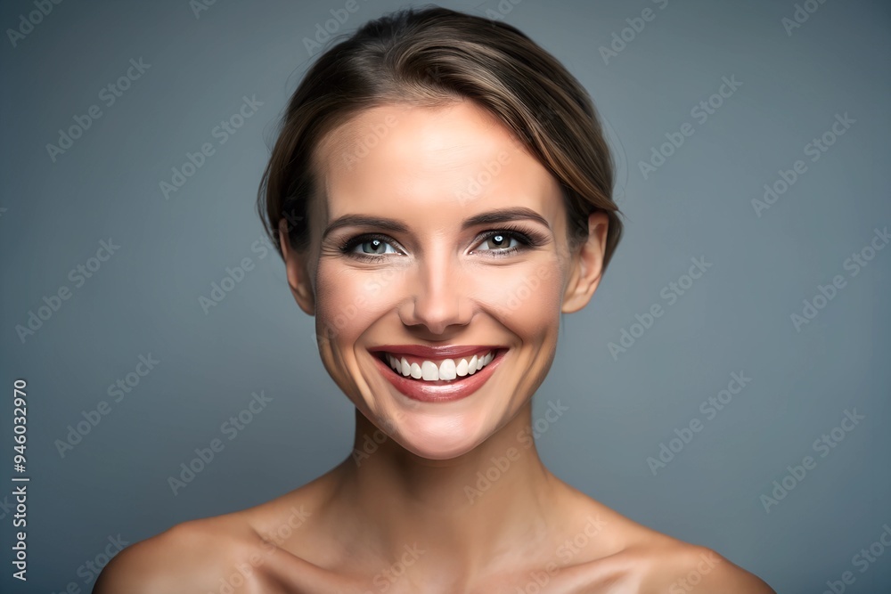 Wall mural Woman, happy and portrait on studio background for skincare, dermatology and healthy skin with touch. Female person, smile and face as model for beauty, aesthetic and routine with facial treatment