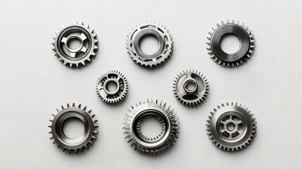 Diverse Stainless Steel Gears on Light Grey Background