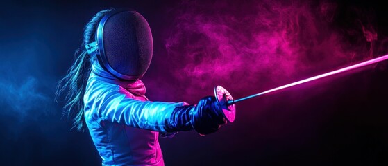 Fencer in Neon Lights with Sword. Generative ai