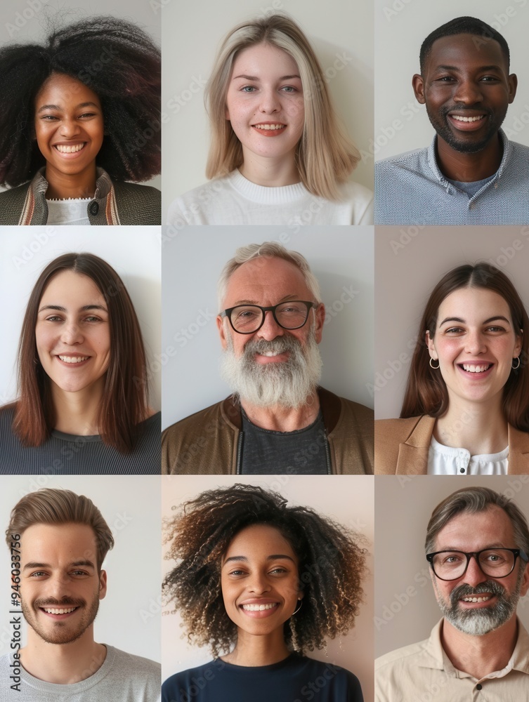 Poster a cheerful collection of individuals of different ages and ethnicities sharing warm smiles against a
