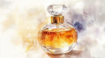 Perfume with rich woody scent, warm glow, watercolor style