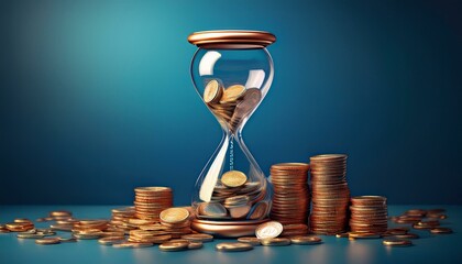 Hourglass with coins on blue background, long term investment concept