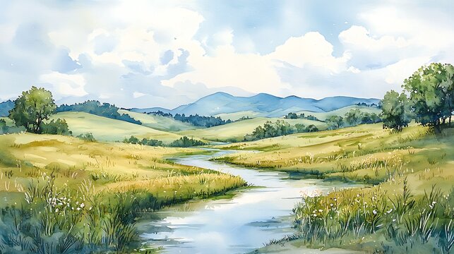 A watercolor painting depicts a river meandering through a green meadow, framed by distant mountains.