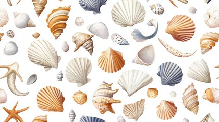 Fototapeta premium A pattern of seashells and marine life, evoking a coastal, beachy feel with soft, muted colors