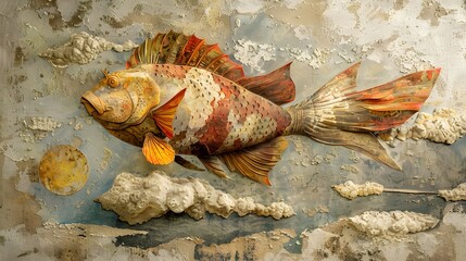 Fish Sculpture on Cracked Wall.