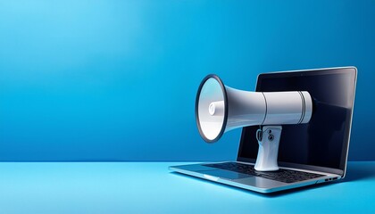 Laptop with megaphone on blue background with copy space on the side, Generative AI