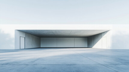 Minimalist concrete structure with large open space and natural lighting in a serene environment