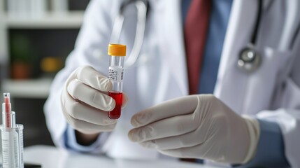 Professional Doctor Holding Glass Tube with Blood Sample and Label