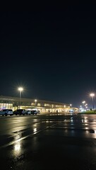 Nighttime scene of an airport terminal from the outside