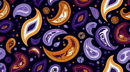 A repeating paisley pattern with intricate details and rich, jewel-toned colors