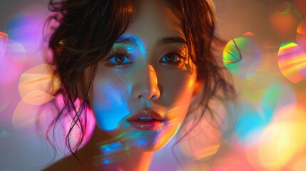 Ethereal woman with soft features, illuminated by colorful prismatic light and surrounded by glowing bokeh