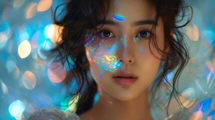 Naklejka premium Close-up of a woman with soft, glowing skin, highlighted by colorful light reflections and bokeh background