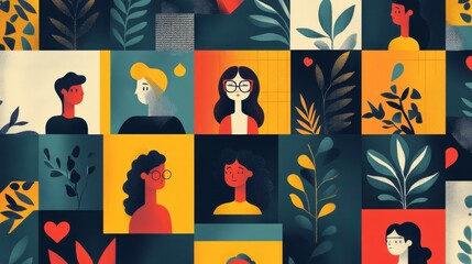 Fototapeta premium Abstract Colorful Illustration of Diverse People with Nature Elements