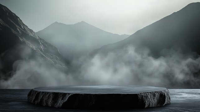 Stone display, rock, with a dramatic and epic atmosphere, cosmetics and beauty for men, virility. High-quality photo