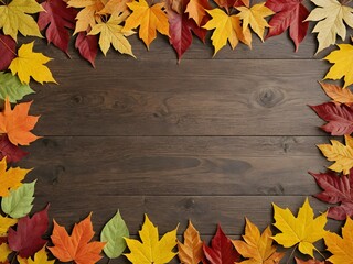 Obraz premium Wooden background with fall foliage, forming a frame 