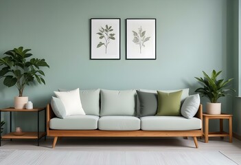 A modern living room with a light green wall, a wooden sofa with white and gray cushions, and two framed botanical prints on the wall.