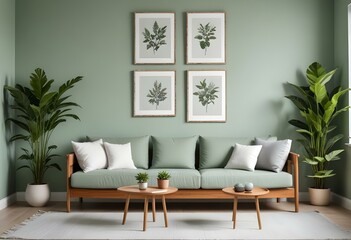A modern living room with a light green wall, a wooden sofa with white and gray cushions, and two framed botanical prints on the wall.