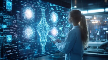 Woman Doctor Analyzing Medical Data on Digital Screen