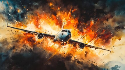 An artistic portrayal of an airplane failure, with flames engulfing the cockpit and explosions lighting up the sky, rendered in powerful watercolor techniques