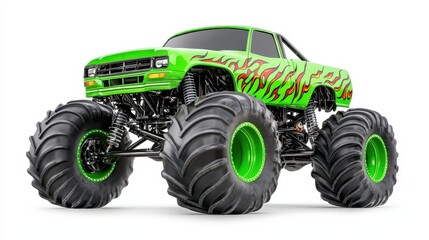 Obraz premium A vibrant green monster truck with flame decals and oversized tires.
