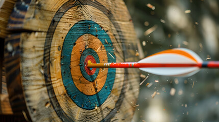 Close-up of an arrow being shot accurately into the target.
