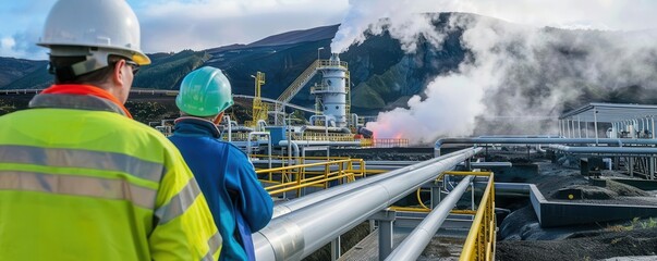 Two engineers in safety gear inspect heavy industry pipes and infrastructure at a geothermal energy plant in a mountainous landscape.