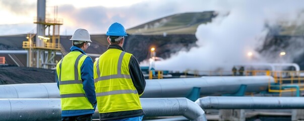 Two industrial workers wearing safety gear inspect pipelines at a geothermal power plant with steam rising in the background.