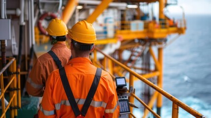 Two offshore oil rig workers inspecting equipment, wearing safety gear and helmets on a platform over the ocean.