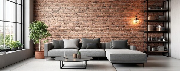 Urban loft living room with exposed brick walls, industrial decor,