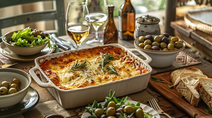 Obraz premium Rustic Italian Dinner with Cheesy Lasagna, Bread, and Olives