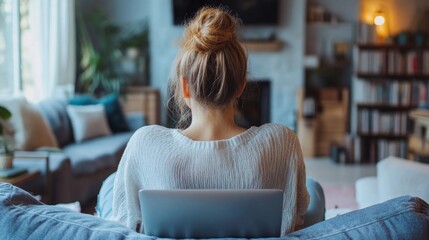 Woman working on laptop in living room