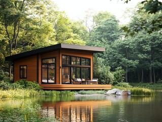 Obraz premium Stylish Small Cabin by a Tranquil Pond, Space for Text