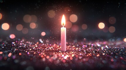   A close-up of a lit candle on a glittery surface surrounded by bokeh lights