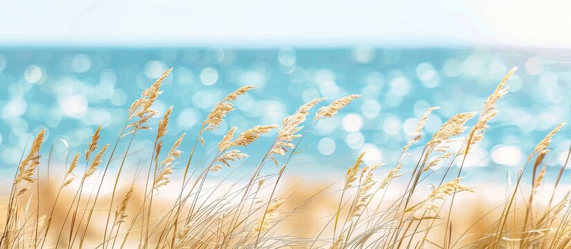 Focus on beach dry grass reeds and stalks at noon horizontal layout with a blurred natural background summer theme grass concept. Copy space image. Place for adding text and design