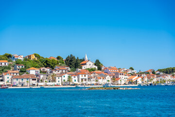 Naklejka premium Panoramic wiew of Rogoznica town from blue Adriatic sea in Croatia