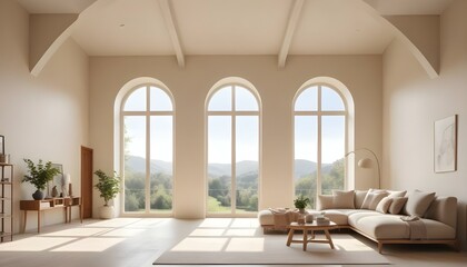A bright and airy living room with large arched windows overlooking a scenic outdoor landscape.