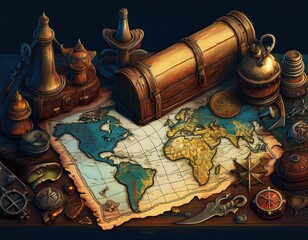 Treasure map with pirate objects, Generative AI